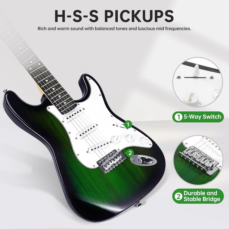 SUSEN Electric Guitar, 39 Inch Solid Full-size Electric Guitar S-S-S Pickups Starter Kit Includes Amplifier, Bag, Digital Tuner, Strap, String, Cable, Picks，Mini AMP（Green (Green) - Image 4